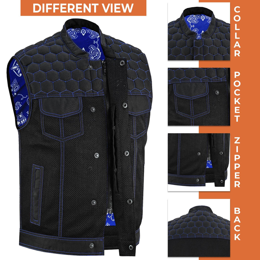Mens Denim Vest SOA Biker Cutoff Ventilated Mesh Motorcycle Jacket Sleeveless with YKK Zipper