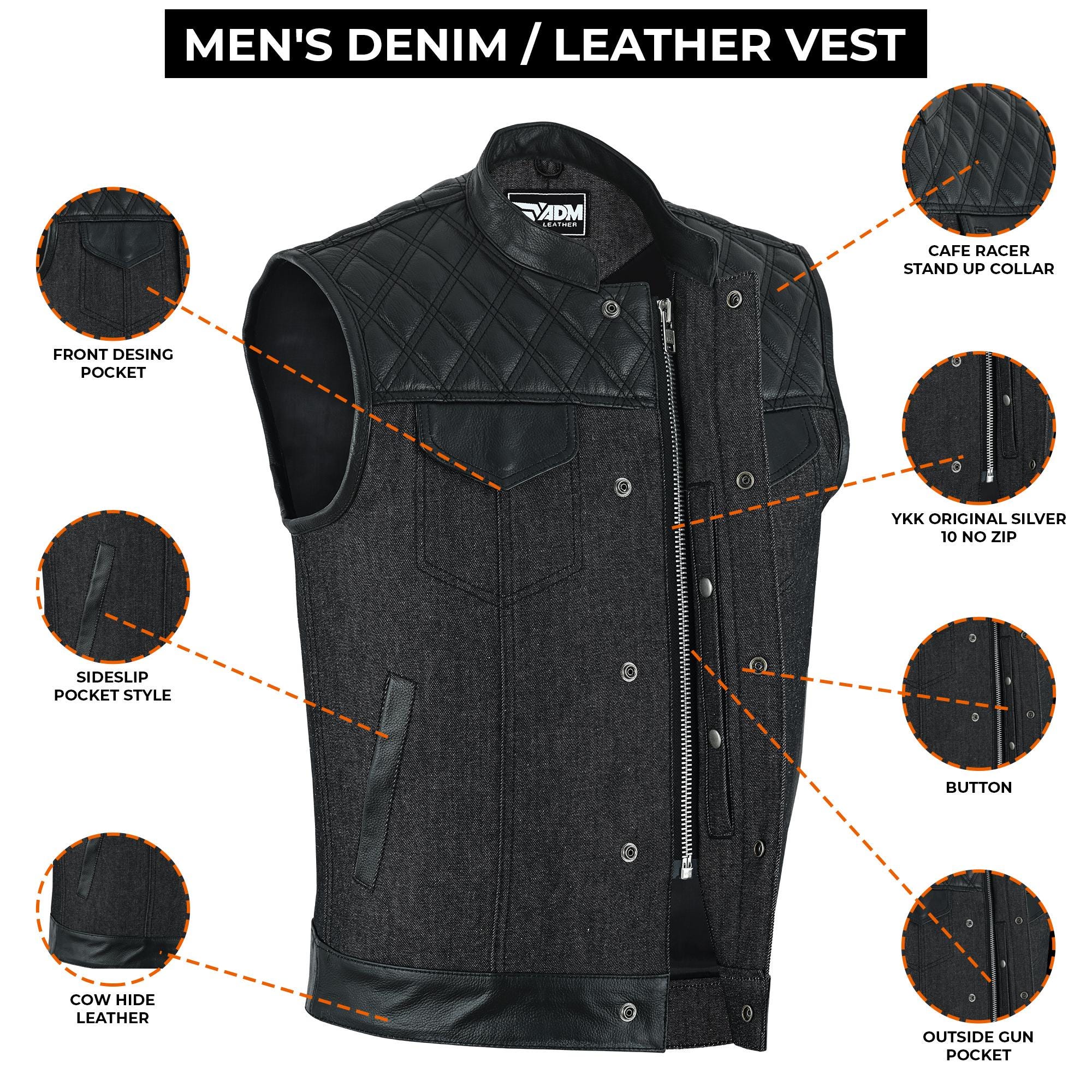 Black Denim Vest Men Biker Motorcycle Club Cutoff Concealed Carry Pockets Sleeveless Jacket