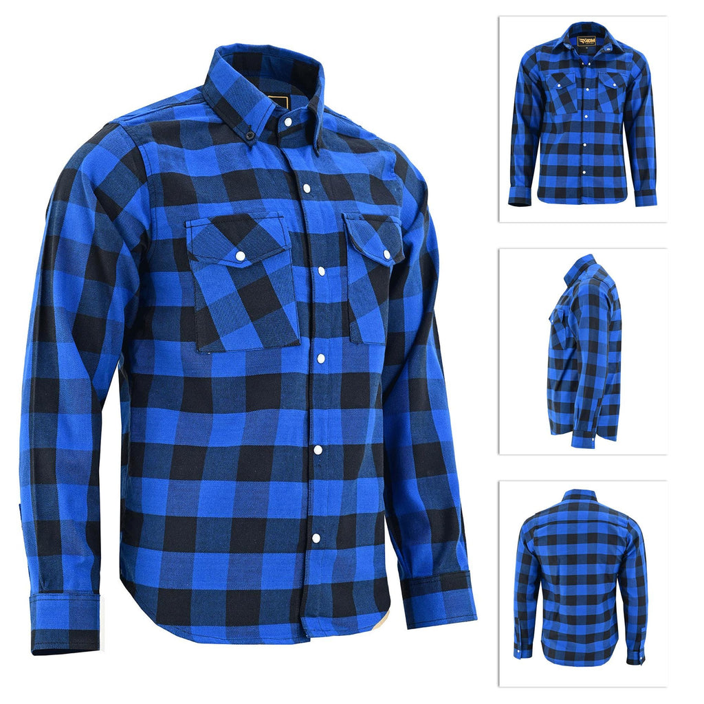CE-Approved Flannel Shirt Motorcycle Armored Riding Gear | Blue & Black Kevlar Lined Plaid Biker Top