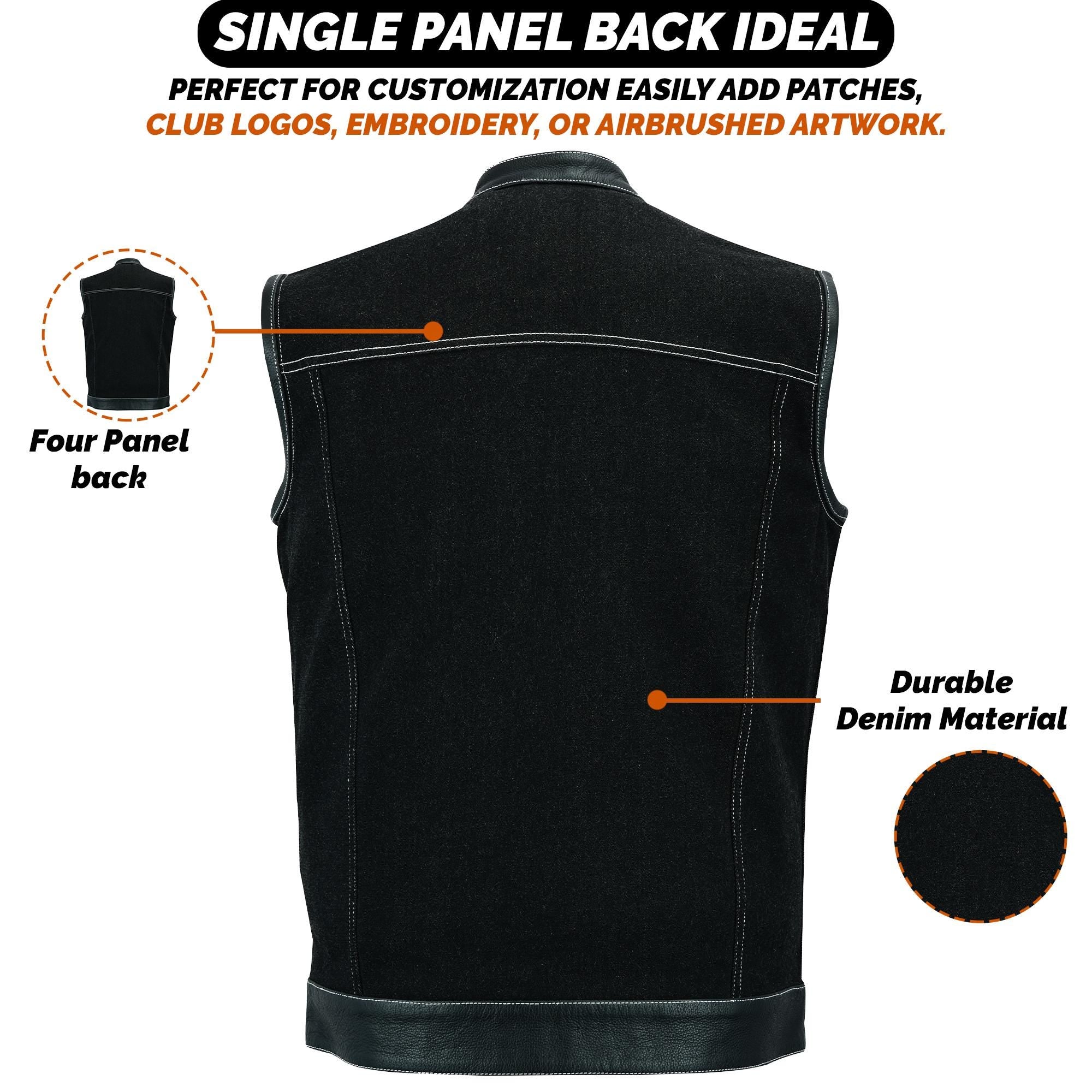Mens Denim Leather Vest SOA Motorcycle Club Concealed Carry Pockets Heavyweight Fitted Biker Top