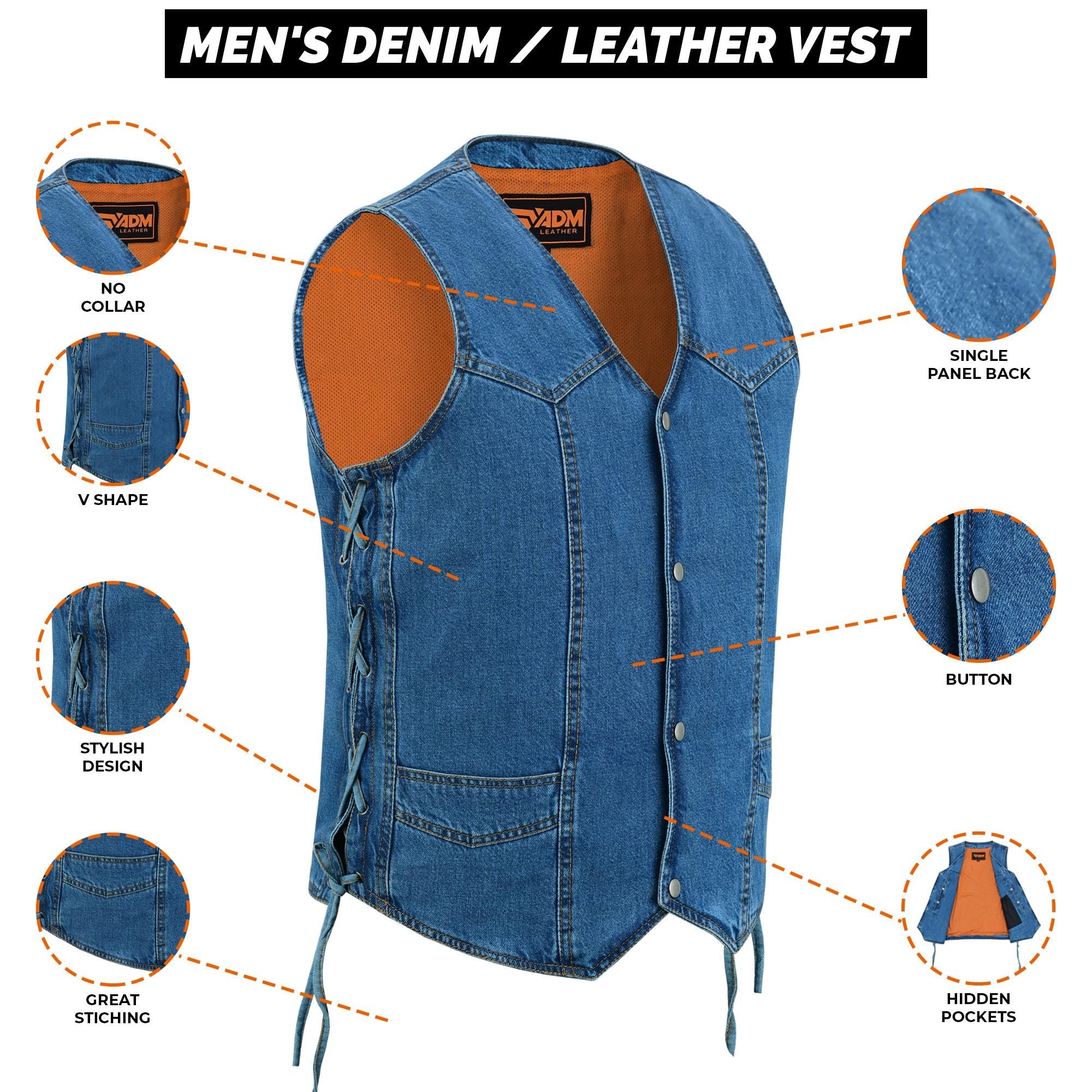 Vintage Biker Denim Vest Men Heavyweight Blue Jean Sleeveless Trucker Style Retro Side Laces