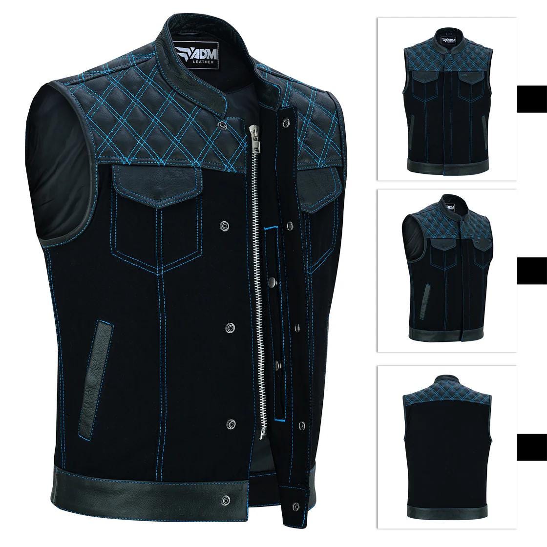 Mens Denim Leather Motorcycle Vest Quilted Shoulders Concealed Carry Biker Sleeveless Club Vests