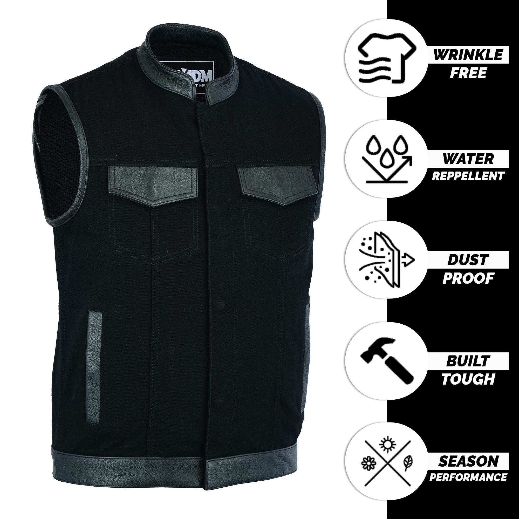 Mens Denim Leather Motorcycle Vest Concealed Carry Pockets YKK Zipper Club Style Biker Sleeveless