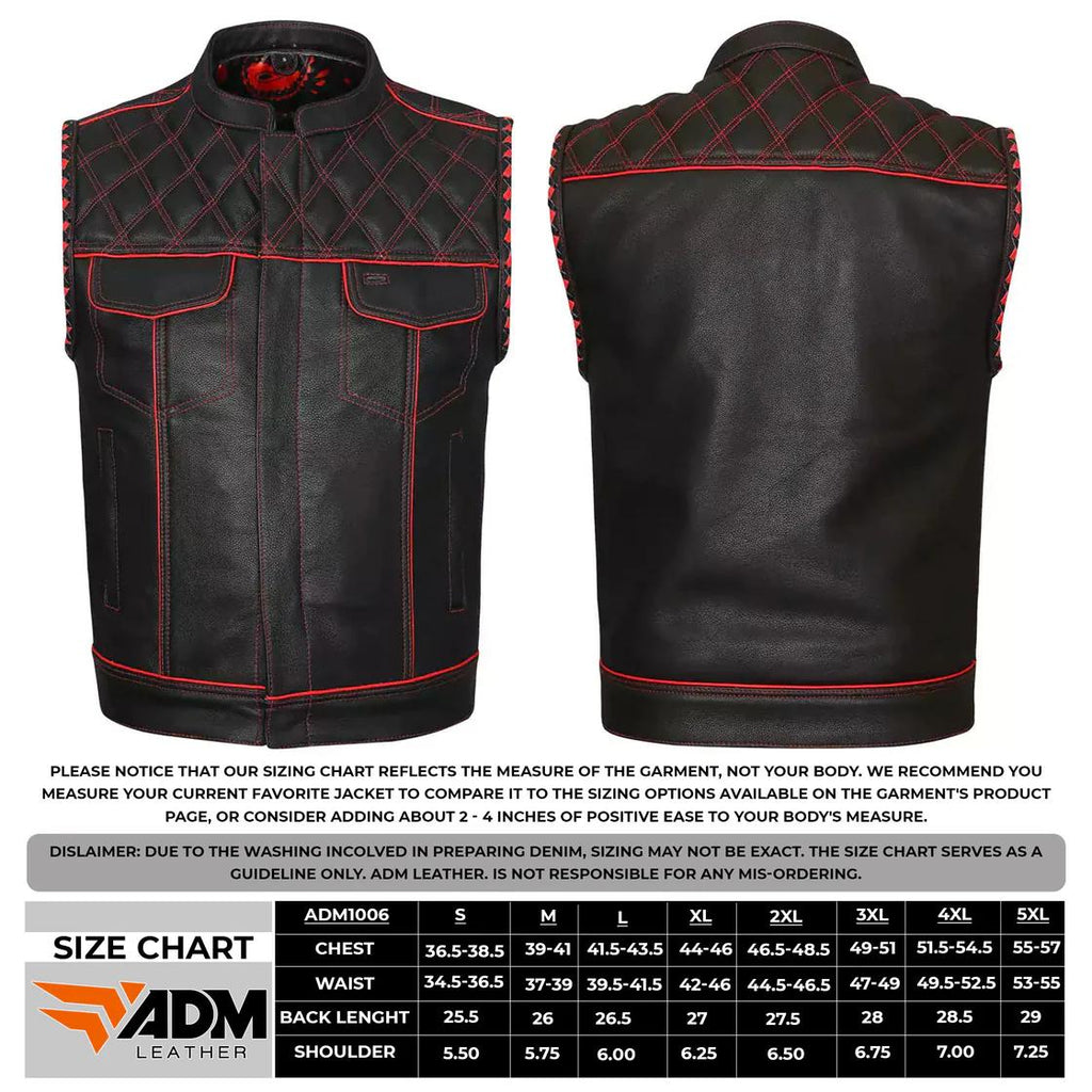 Handmade Cowhide Leather Biker Vest: Red Stitch, Concealed Carry