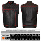Handmade Cowhide Leather Biker Vest: Red Stitch, Concealed Carry