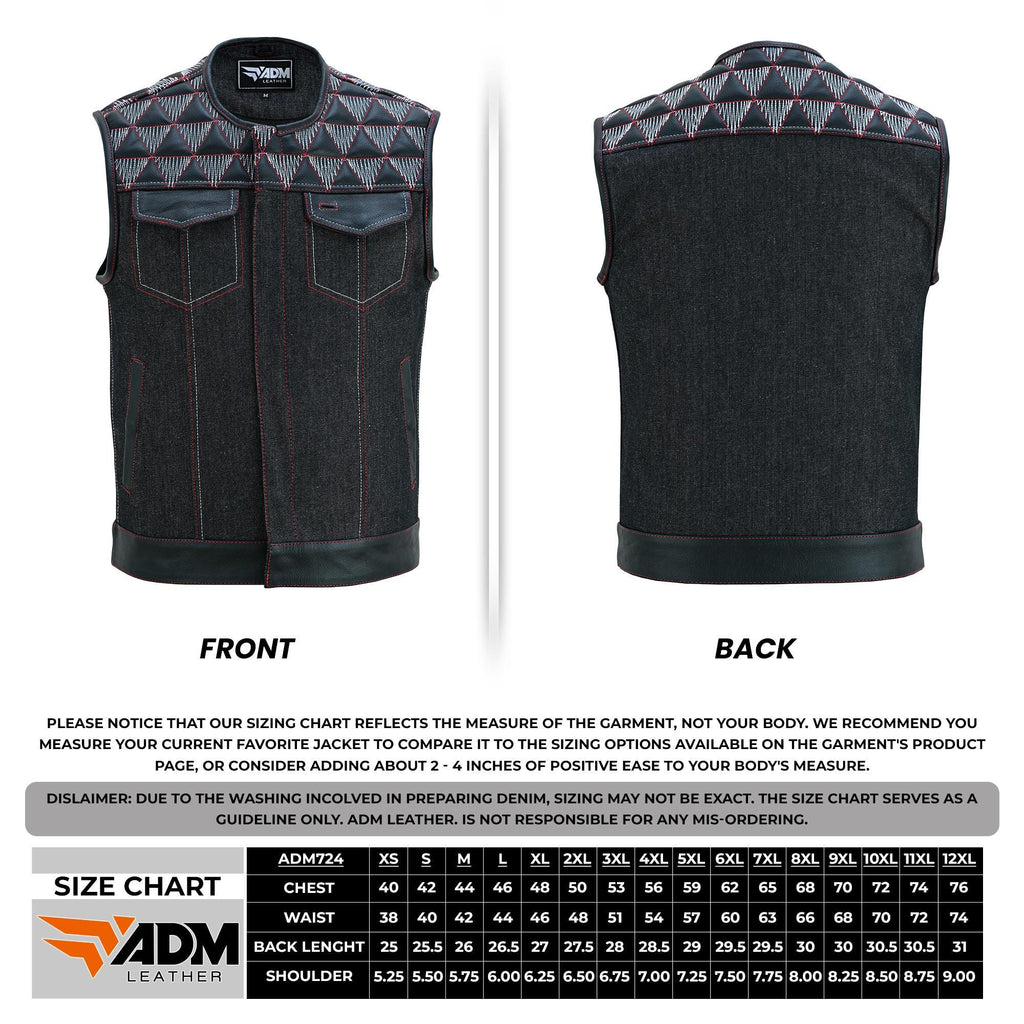 Mens Denim & Leather Motorcycle Vest Embroidered Biker Style Concealed Carry Club Sleeveless Top