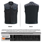 Mens Denim & Leather Motorcycle Vest Embroidered Biker Style Concealed Carry Club Sleeveless Top