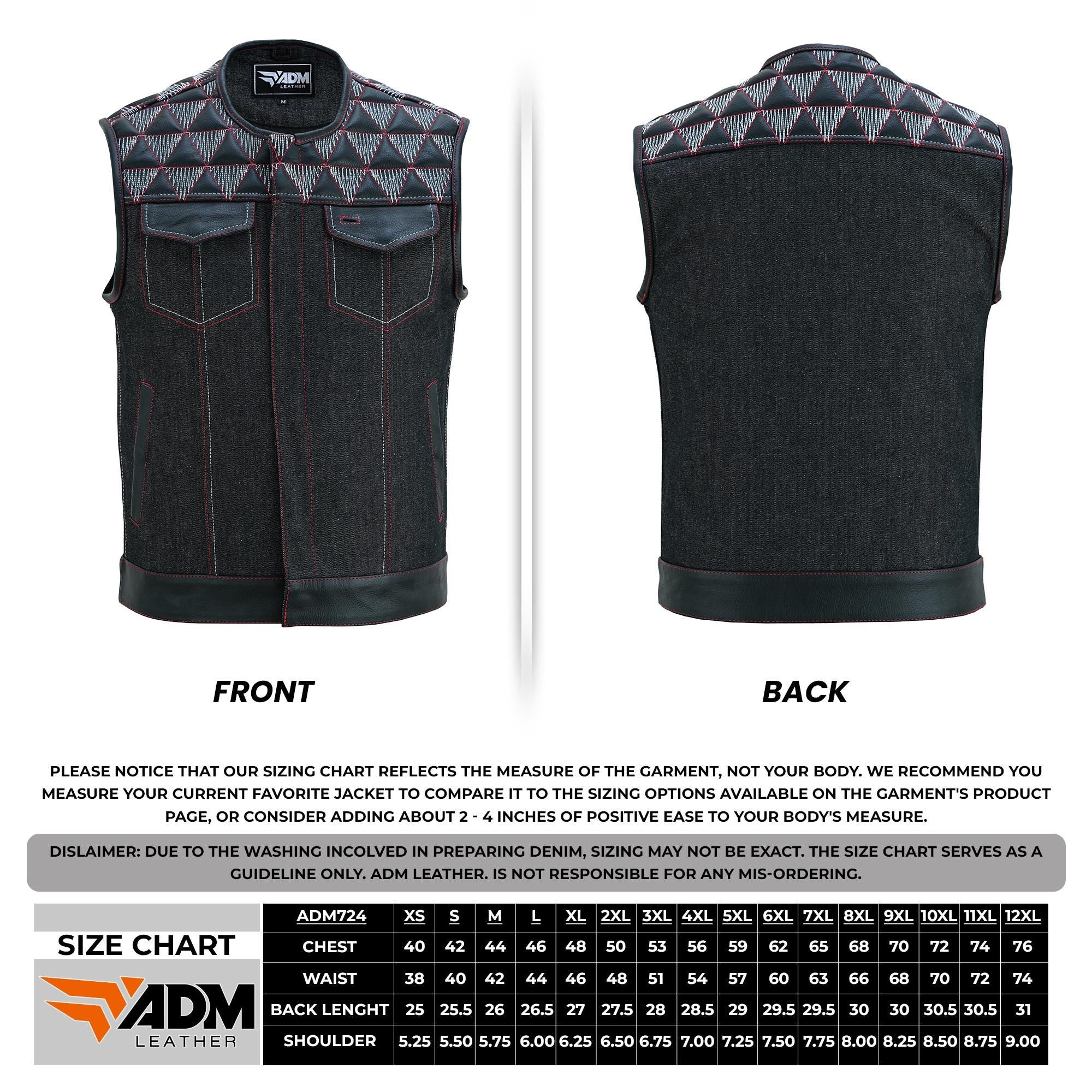 Mens Denim & Leather Motorcycle Vest Embroidered Biker Style Concealed Carry Club Sleeveless Top