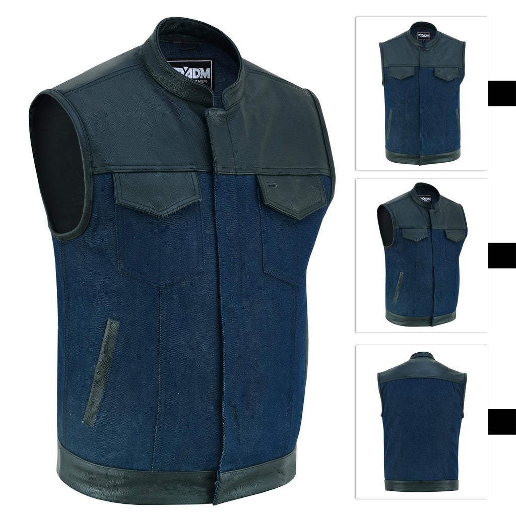 Denim Leather Vest Men SOA Motorcycle Biker Club Style Concealed Carry Riding Sleeveless Jacket