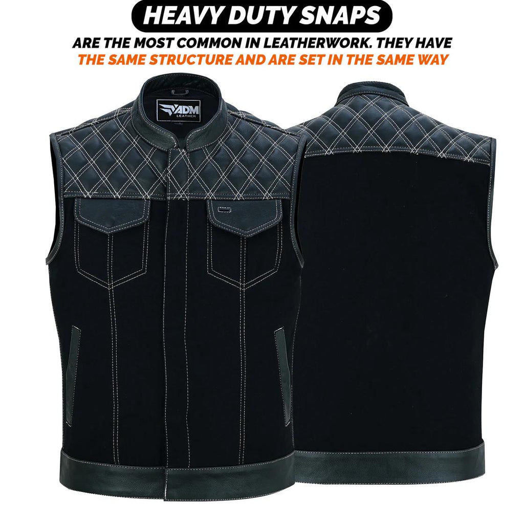 Denim Leather Vest Men Diamond Quilted Concealed Carry Fitted Biker Trucker Sleeveless Jacket