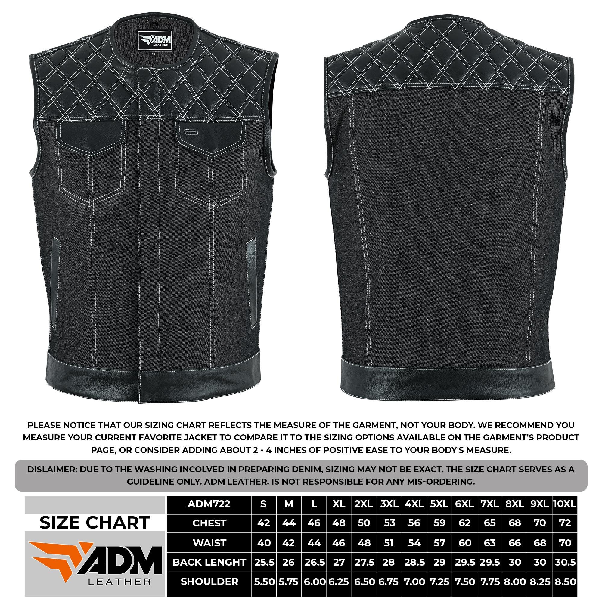 Mens Denim Biker Vest Sleeveless Motorcycle Club Concealed Pockets Trucker Style Fitted Cutoff